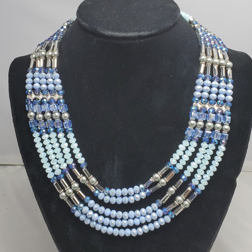 ALI KHAN blue opal and aquamarine multi layered glass beaded statement necklace